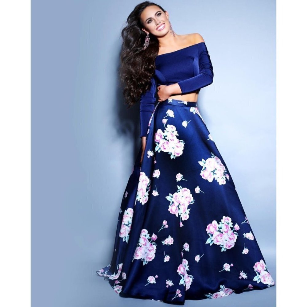 2 Cute Brand Navy Floral Two Piece Formal Gown $469 - Picture 2 of 15